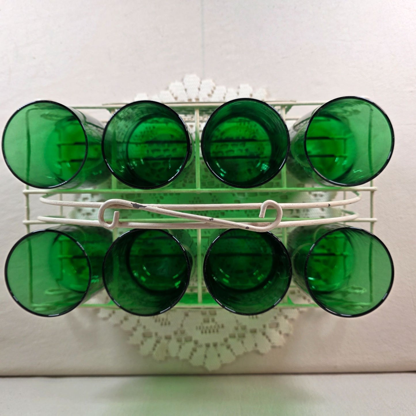 Vintage Emerald Green Glass Tumbler Set with White Metal Carrier Caddy MCM-Barware