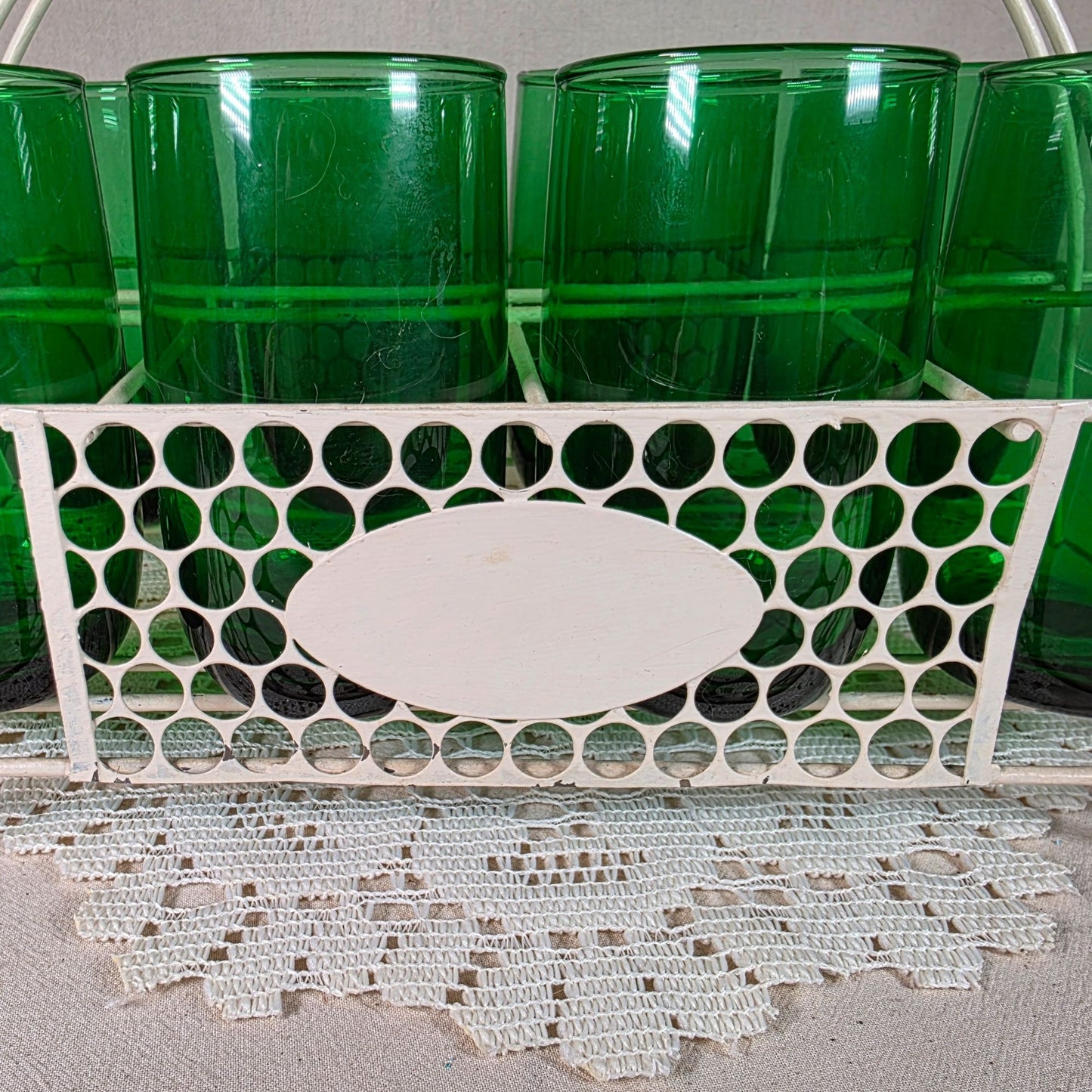 Vintage Emerald Green Glass Tumbler Set with White Metal Carrier Caddy MCM-Barware