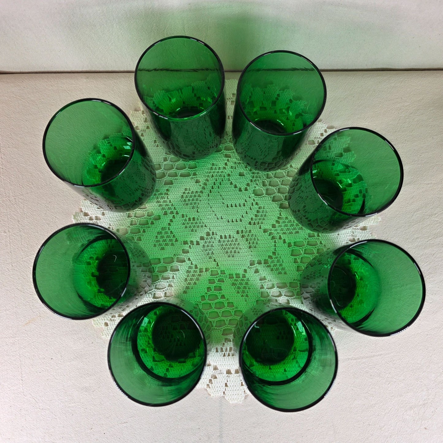 Vintage Emerald Green Glass Tumbler Set with White Metal Carrier Caddy MCM-Barware