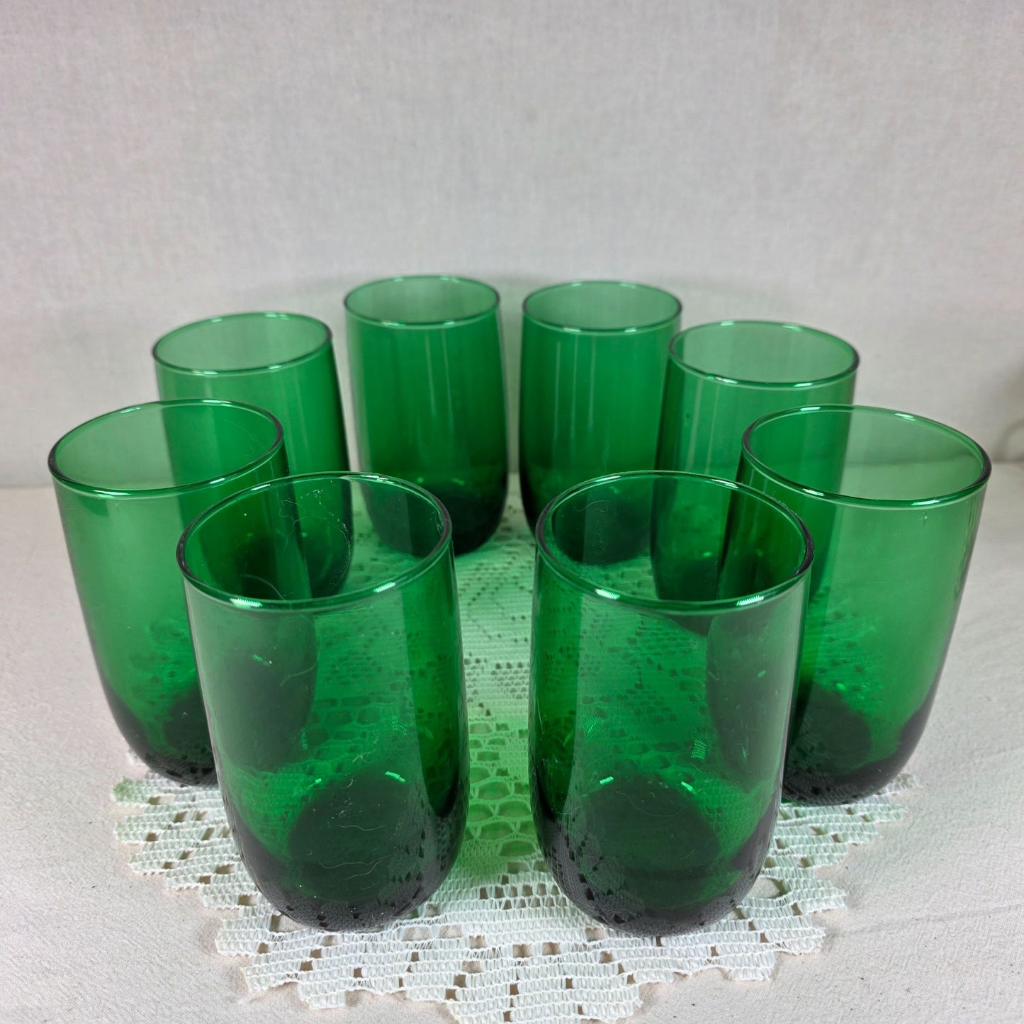 Vintage Emerald Green Glass Tumbler Set with White Metal Carrier Caddy MCM-Barware