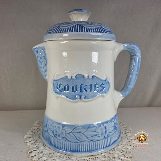 Vintage Treasure Craft Blue & White Ceramic Cookie Jar Pitcher With Lid Floral Pattern 12.5"x10" Decorative Kitchen Storage