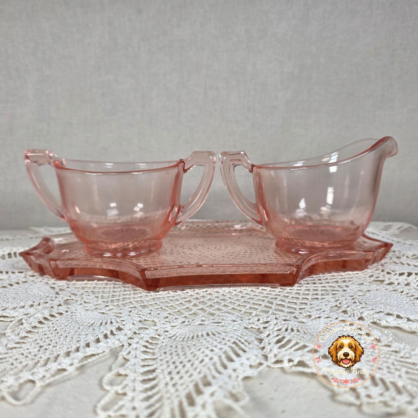 Vintage Pink Depression Glass Creamer Sugar Set With Matching Tray Elegant Serving Set