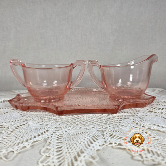 Vintage Pink Depression Glass Creamer Sugar Set With Matching Tray Elegant Serving Set