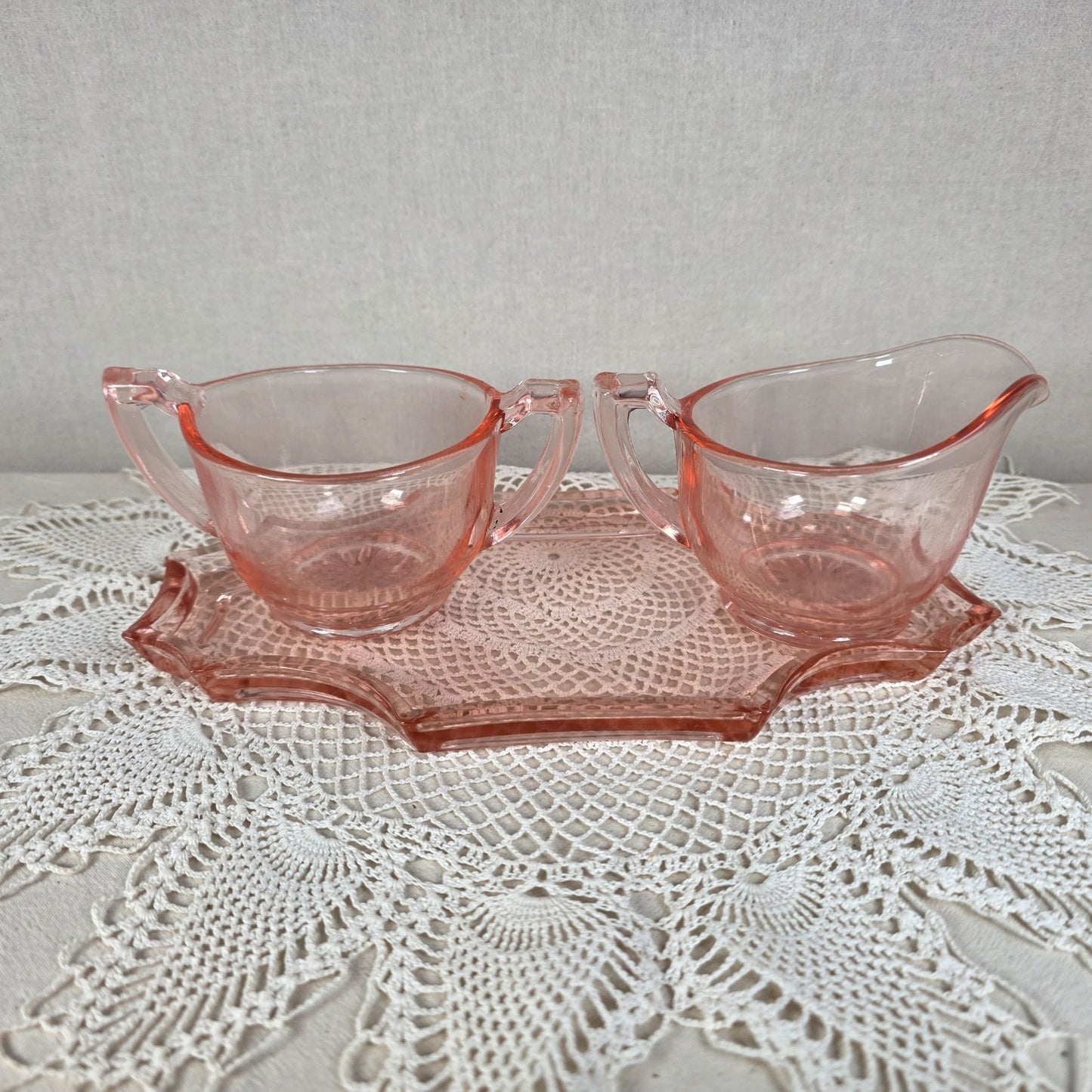 Vintage Pink Depression Glass Creamer Sugar Set With Matching Tray Elegant Serving Set