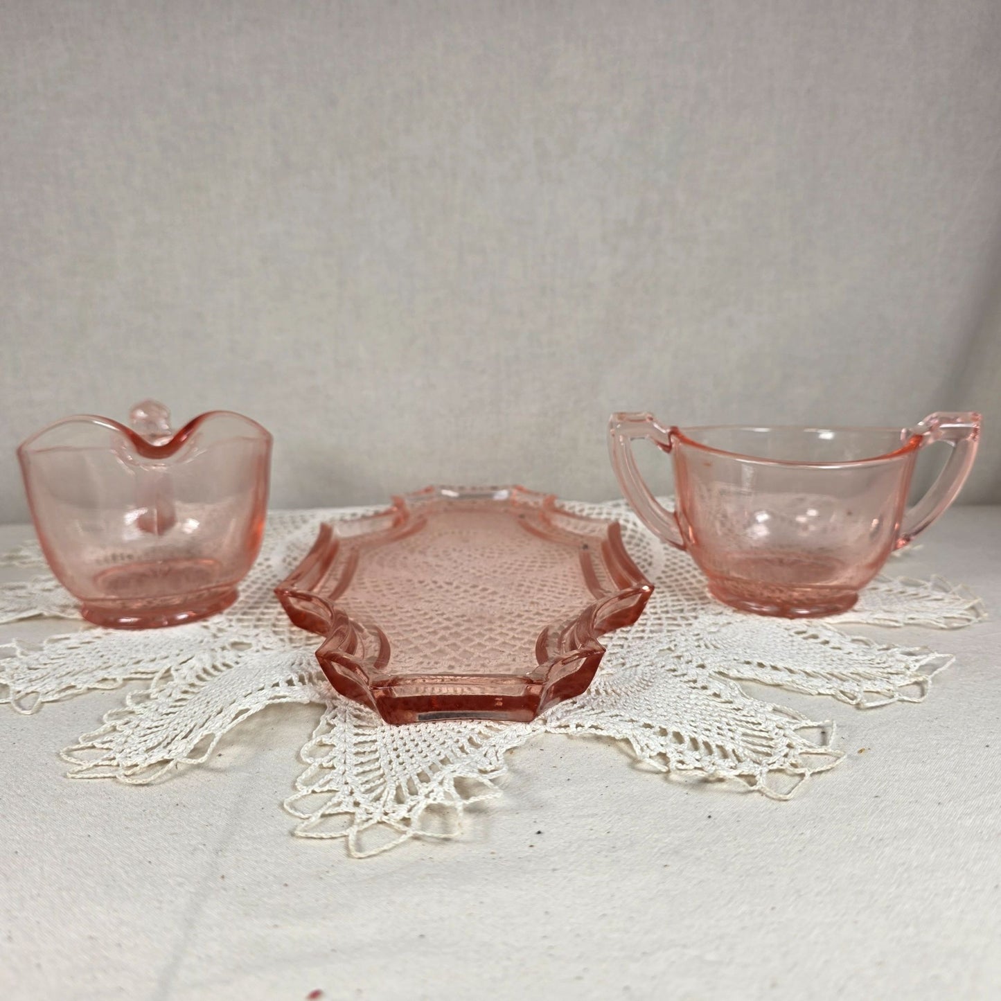 Vintage Pink Depression Glass Creamer Sugar Set With Matching Tray Elegant Serving Set