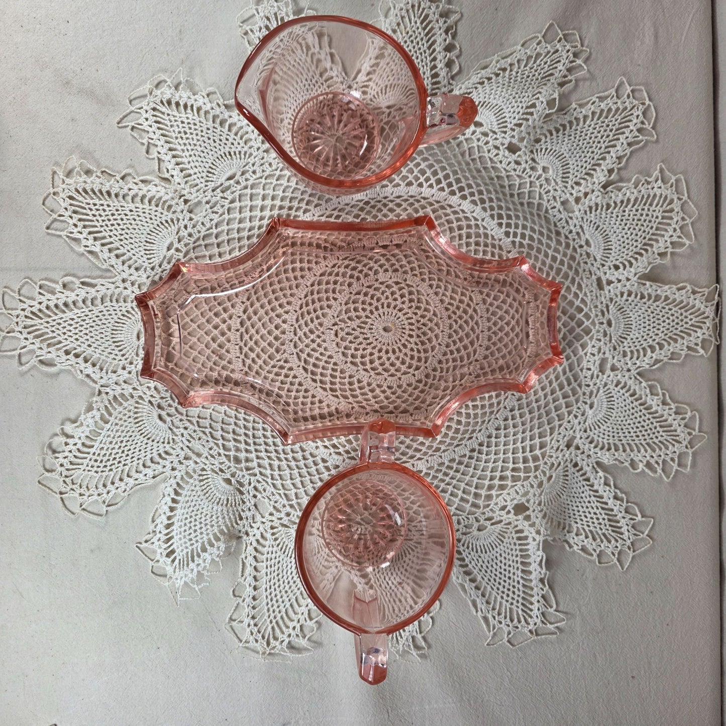 Vintage Pink Depression Glass Creamer Sugar Set With Matching Tray Elegant Serving Set