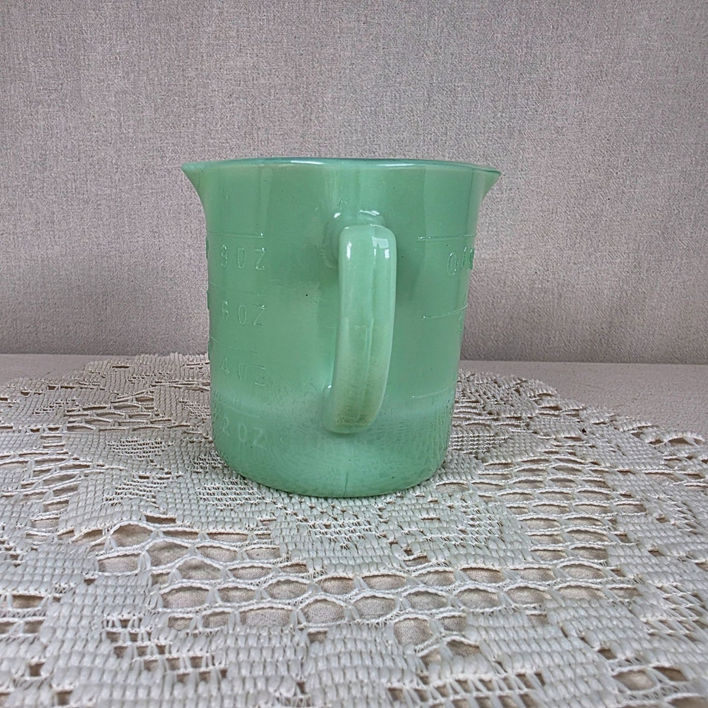 Vintage Style Green Jadeite 3-Spout Glass Measuring Cup 1 Cup Capacity Embossed Markings Depression Era Style