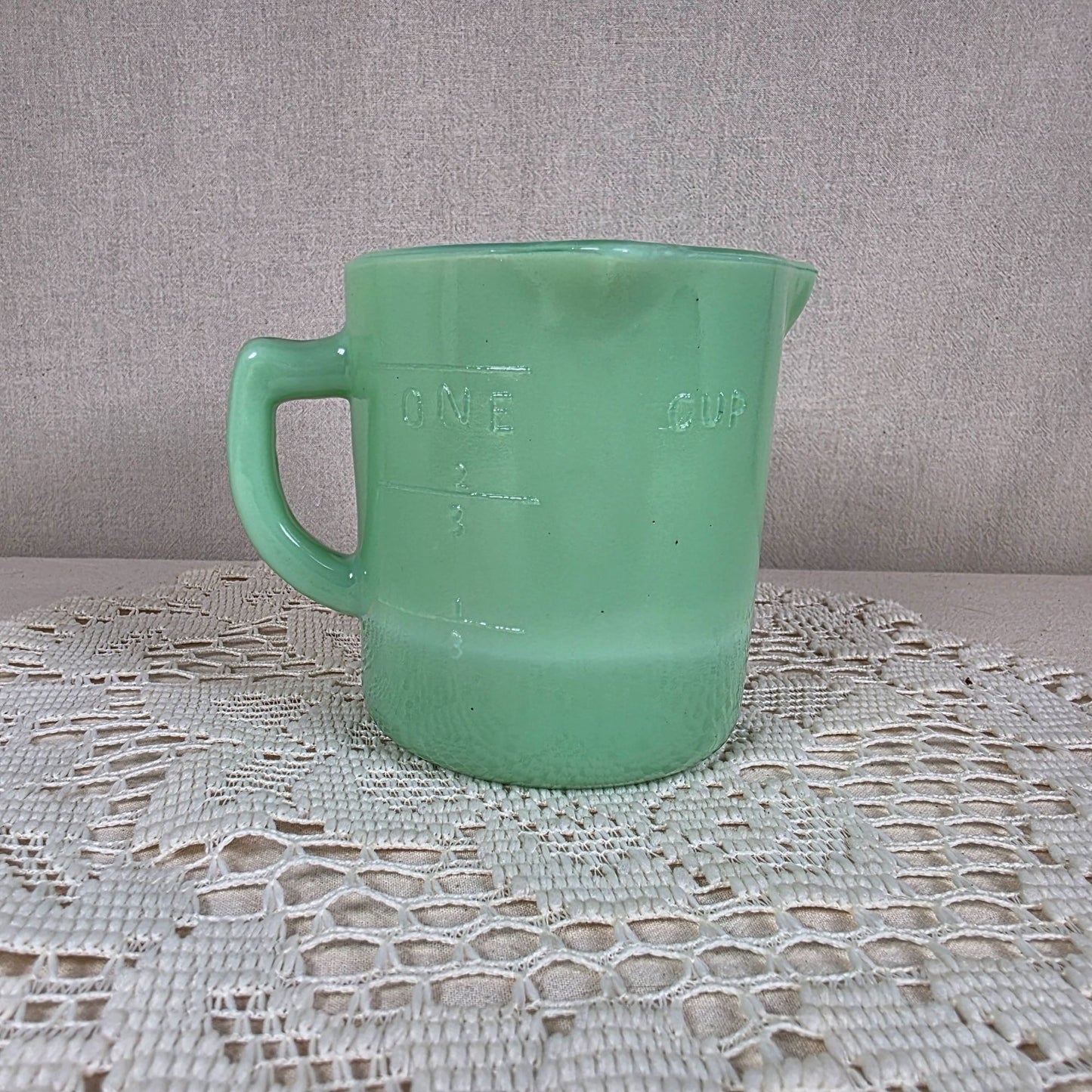 Vintage Style Green Jadeite 3-Spout Glass Measuring Cup 1 Cup Capacity Embossed Markings Depression Era Style