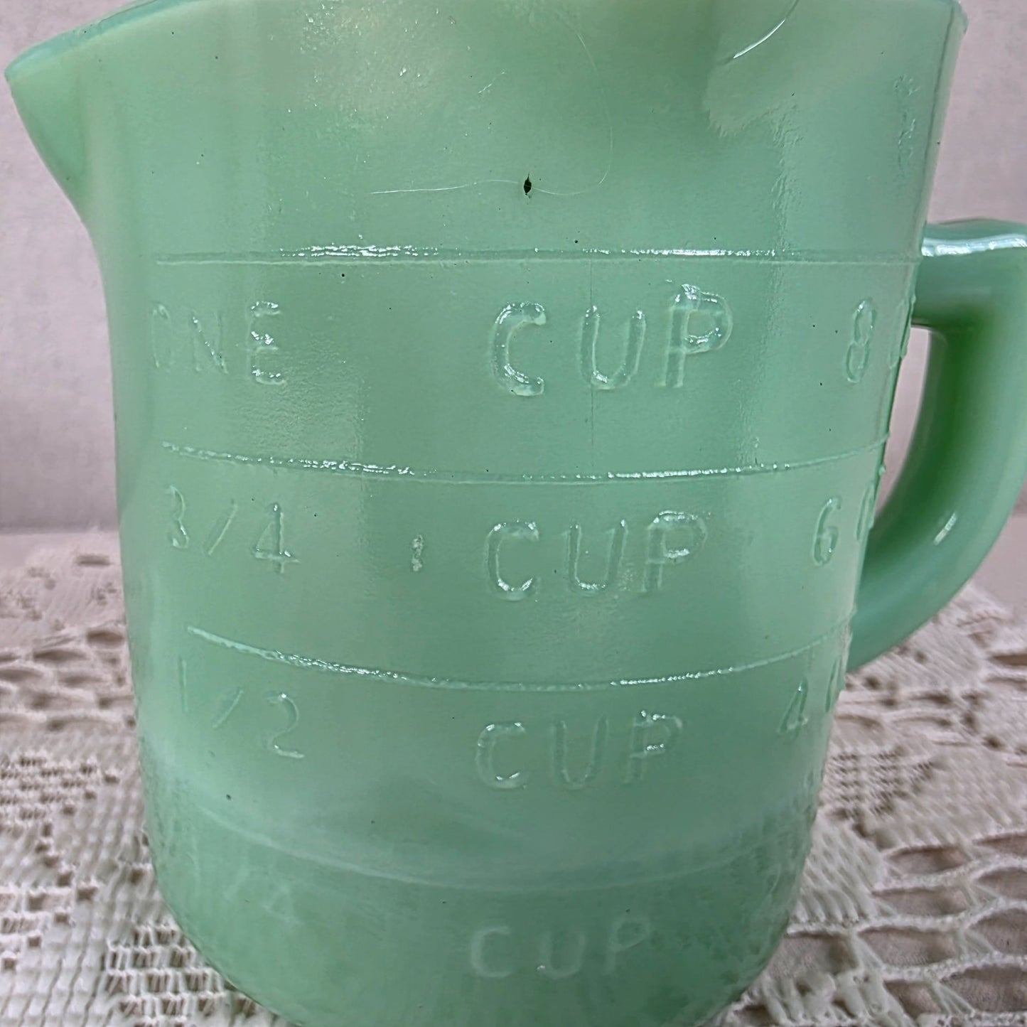 Vintage Style Green Jadeite 3-Spout Glass Measuring Cup 1 Cup Capacity Embossed Markings Depression Era Style