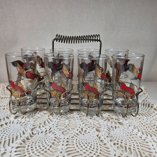 Vintage Hazel Atlas 1950s to 1960s Ring-Necked Pheasant High Ball glasses with Gold tone Caddy Set of 8