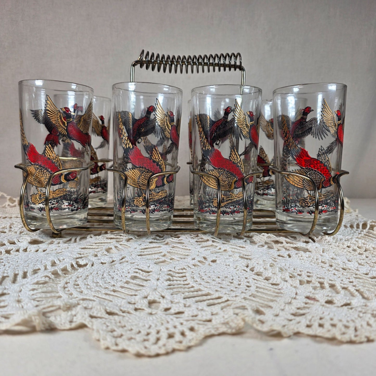 Vintage Hazel Atlas 1950s to 1960s Ring-Necked Pheasant High Ball glasses with Gold tone Caddy Set of 8