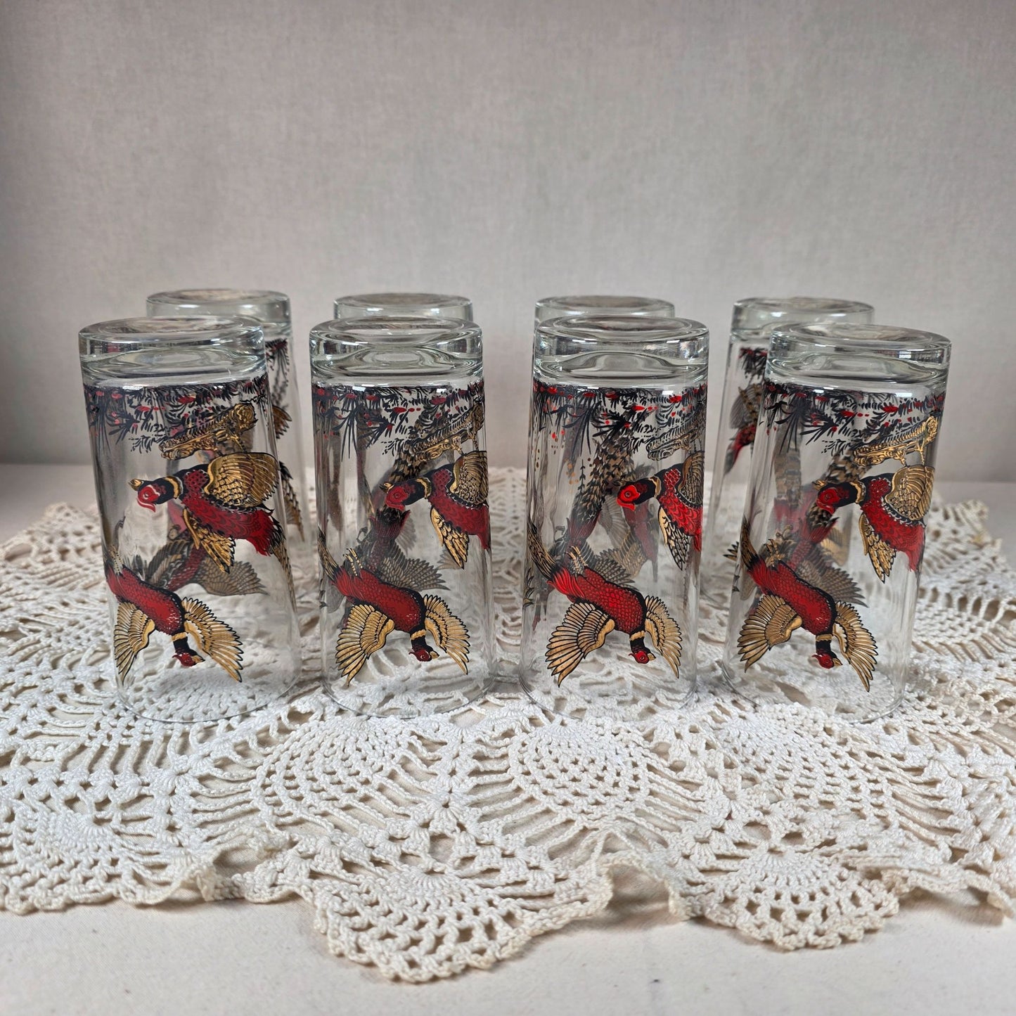 Vintage Hazel Atlas 1950s to 1960s Ring-Necked Pheasant High Ball glasses with Gold tone Caddy Set of 8