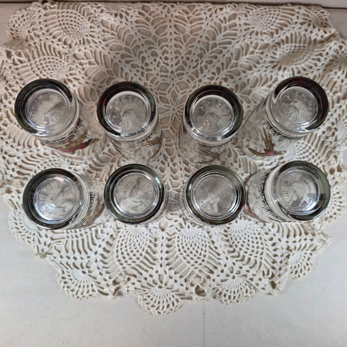 Vintage Hazel Atlas 1950s to 1960s Ring-Necked Pheasant High Ball glasses with Gold tone Caddy Set of 8