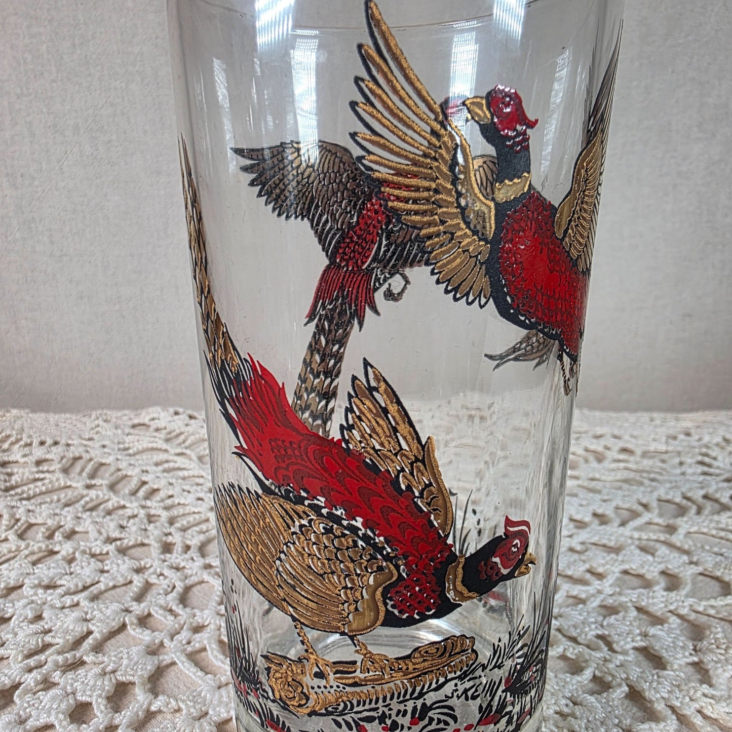 Vintage Hazel Atlas 1950s to 1960s Ring-Necked Pheasant High Ball glasses with Gold tone Caddy Set of 8