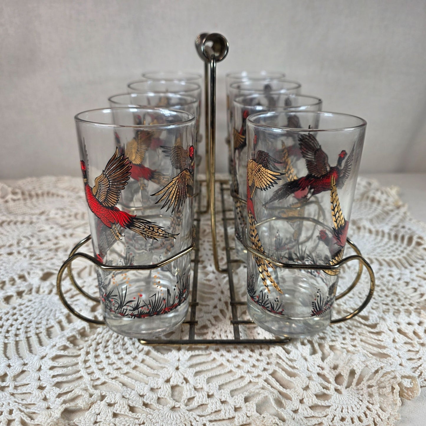 Vintage Hazel Atlas 1950s to 1960s Ring-Necked Pheasant High Ball glasses with Gold tone Caddy Set of 8