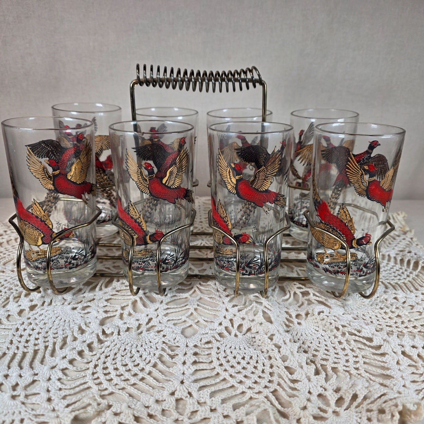 Vintage Hazel Atlas 1950s to 1960s Ring-Necked Pheasant High Ball glasses with Gold tone Caddy Set of 8
