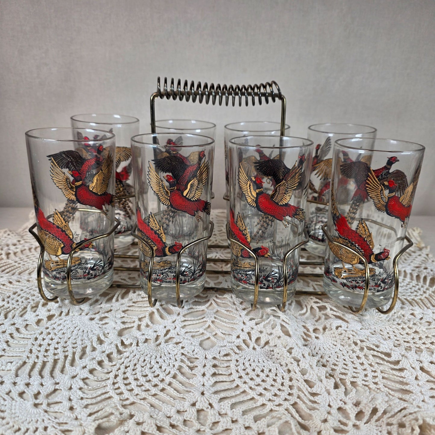 Vintage Hazel Atlas 1950s to 1960s Ring-Necked Pheasant High Ball glasses with Gold tone Caddy Set of 8