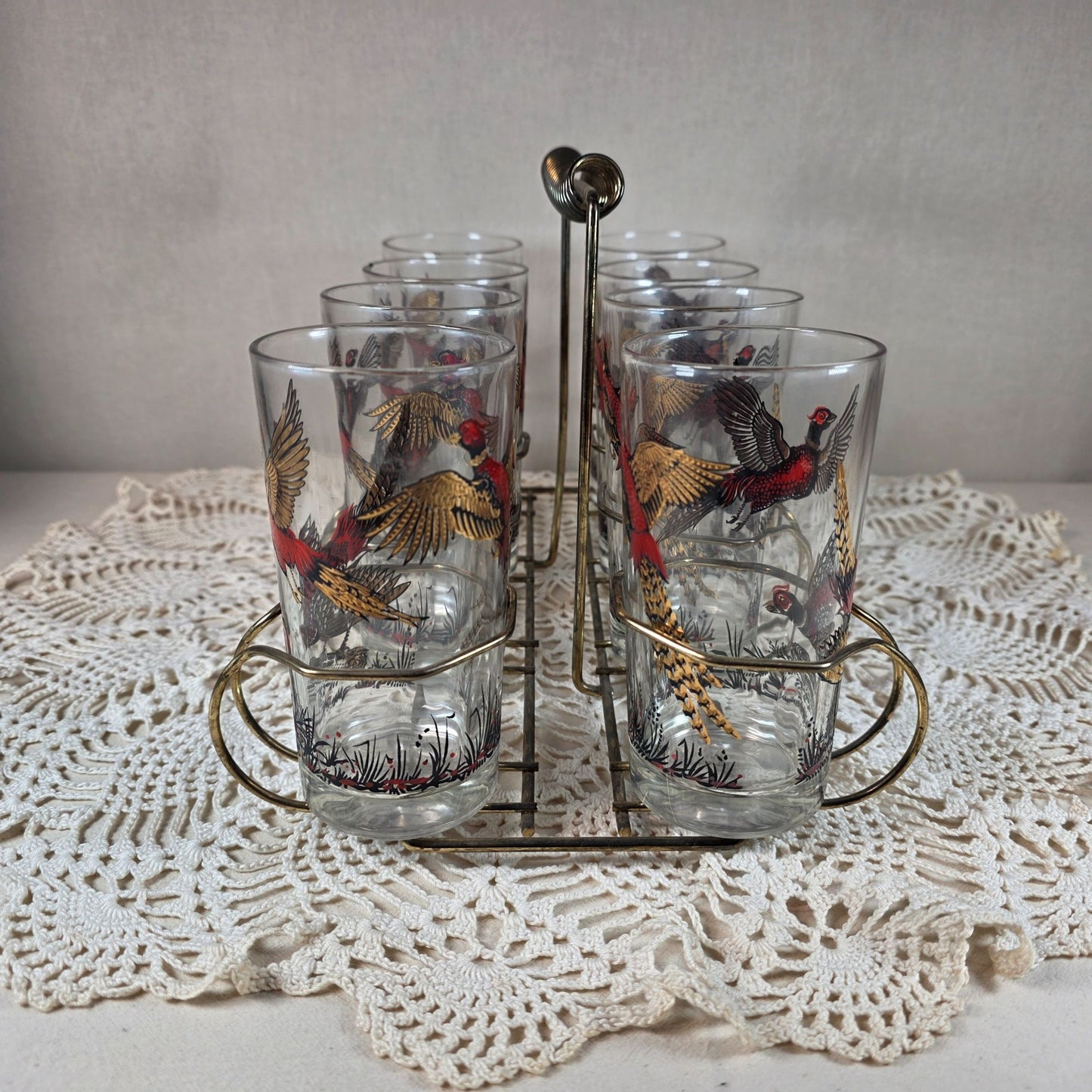 Vintage Hazel Atlas 1950s to 1960s Ring-Necked Pheasant High Ball glasses with Gold tone Caddy Set of 8