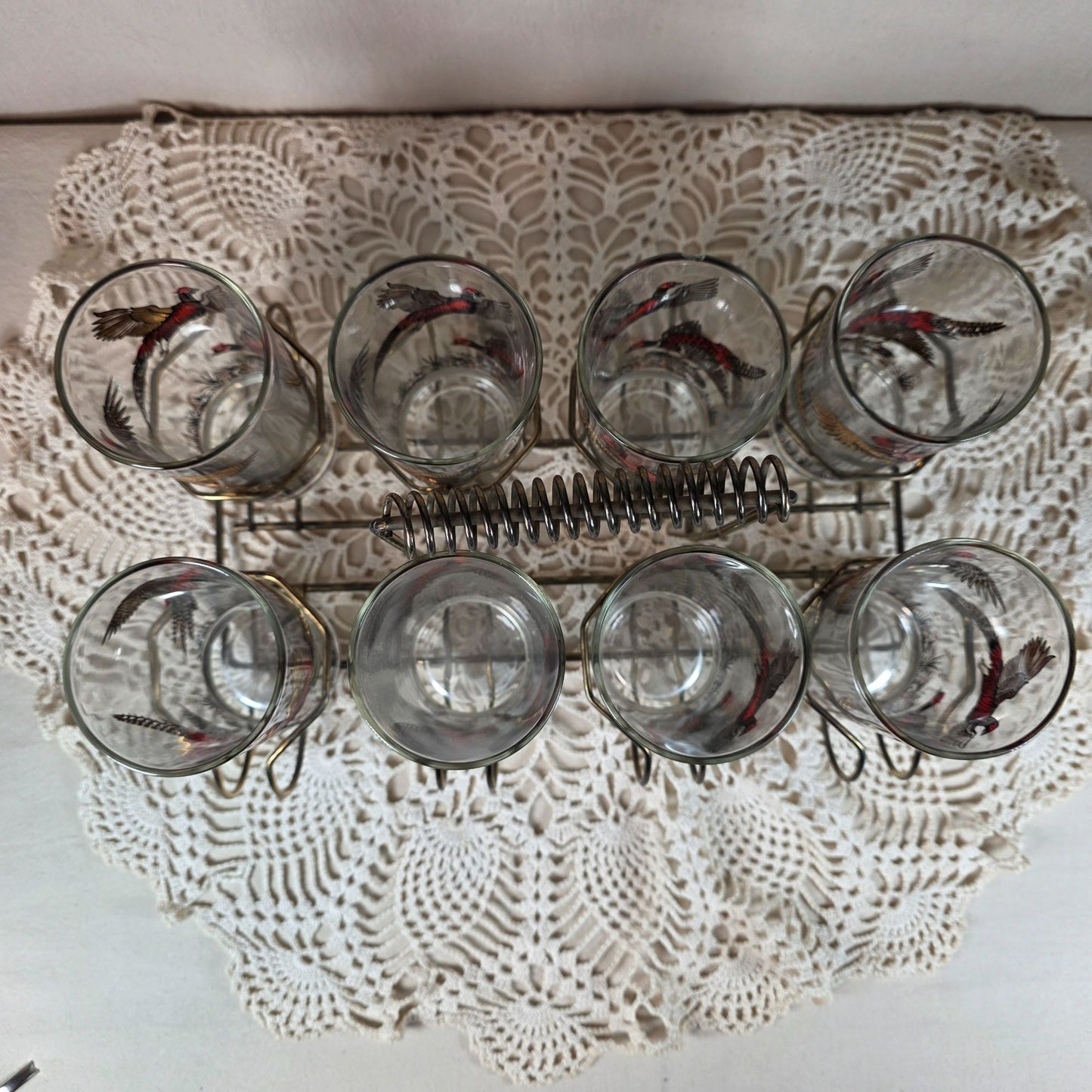 Vintage Hazel Atlas 1950s to 1960s Ring-Necked Pheasant High Ball glasses with Gold tone Caddy Set of 8
