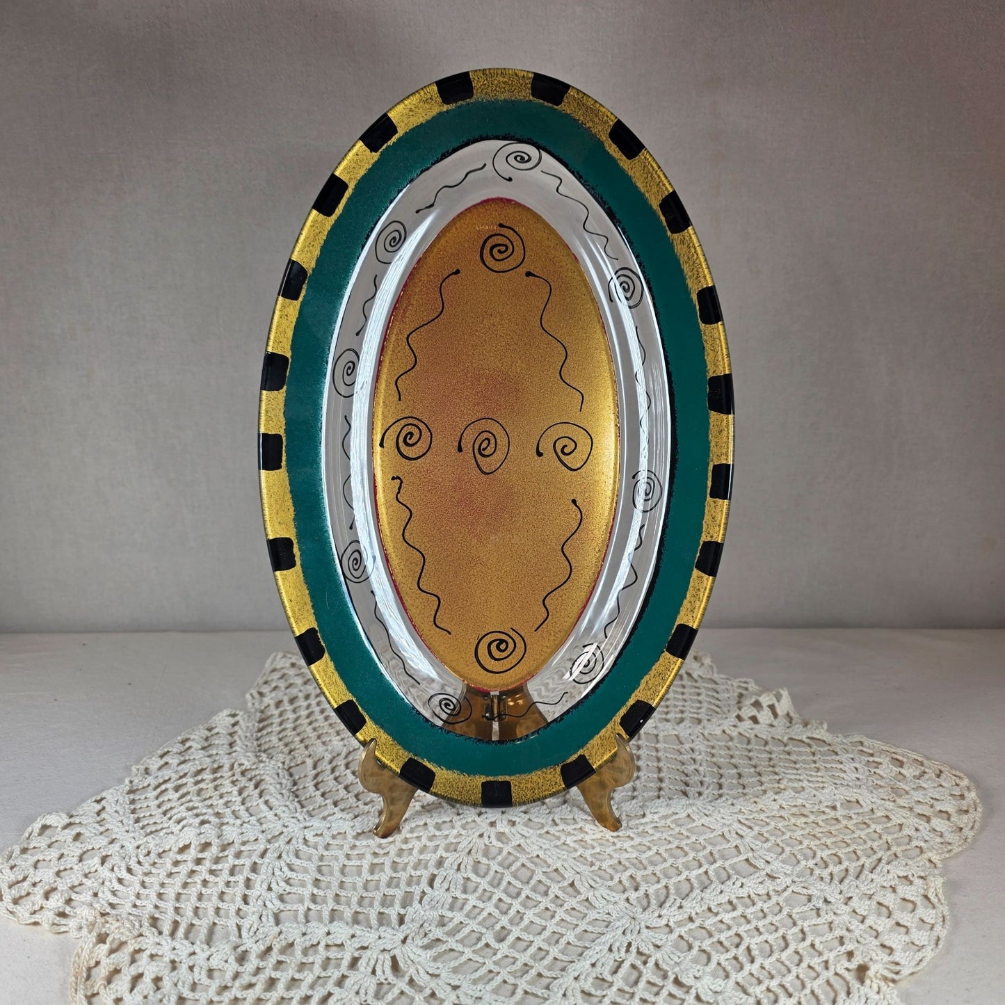 Decorative Kay Young Reverse Painted Oval Glass Serving Platter