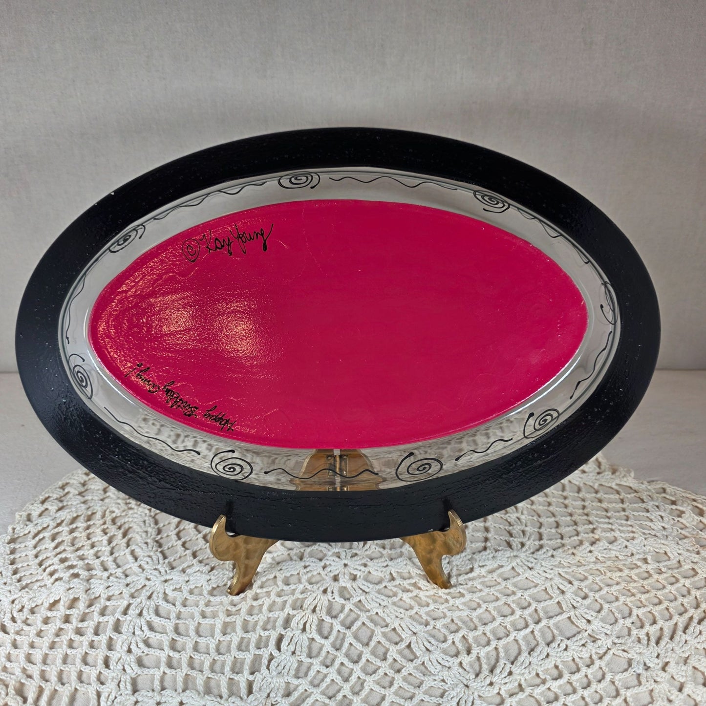 Decorative Kay Young Reverse Painted Oval Glass Serving Platter
