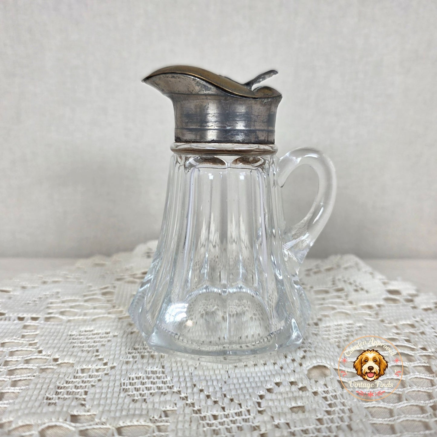 Antique EAPG Glass Syrup Pitcher With Hinged Silver-Tone Lid And Handle Elegant Vintage Design