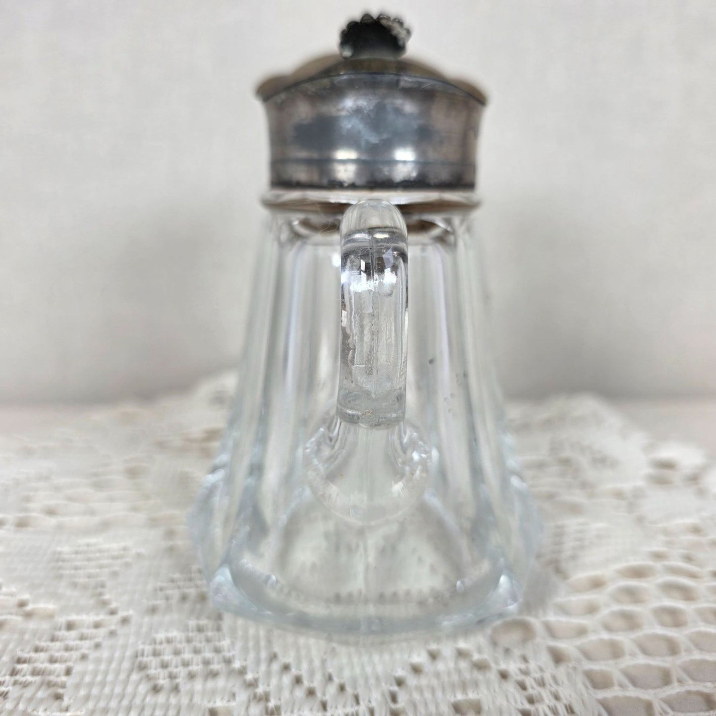 Antique EAPG Glass Syrup Pitcher With Hinged Silver-Tone Lid And Handle Elegant Vintage Design