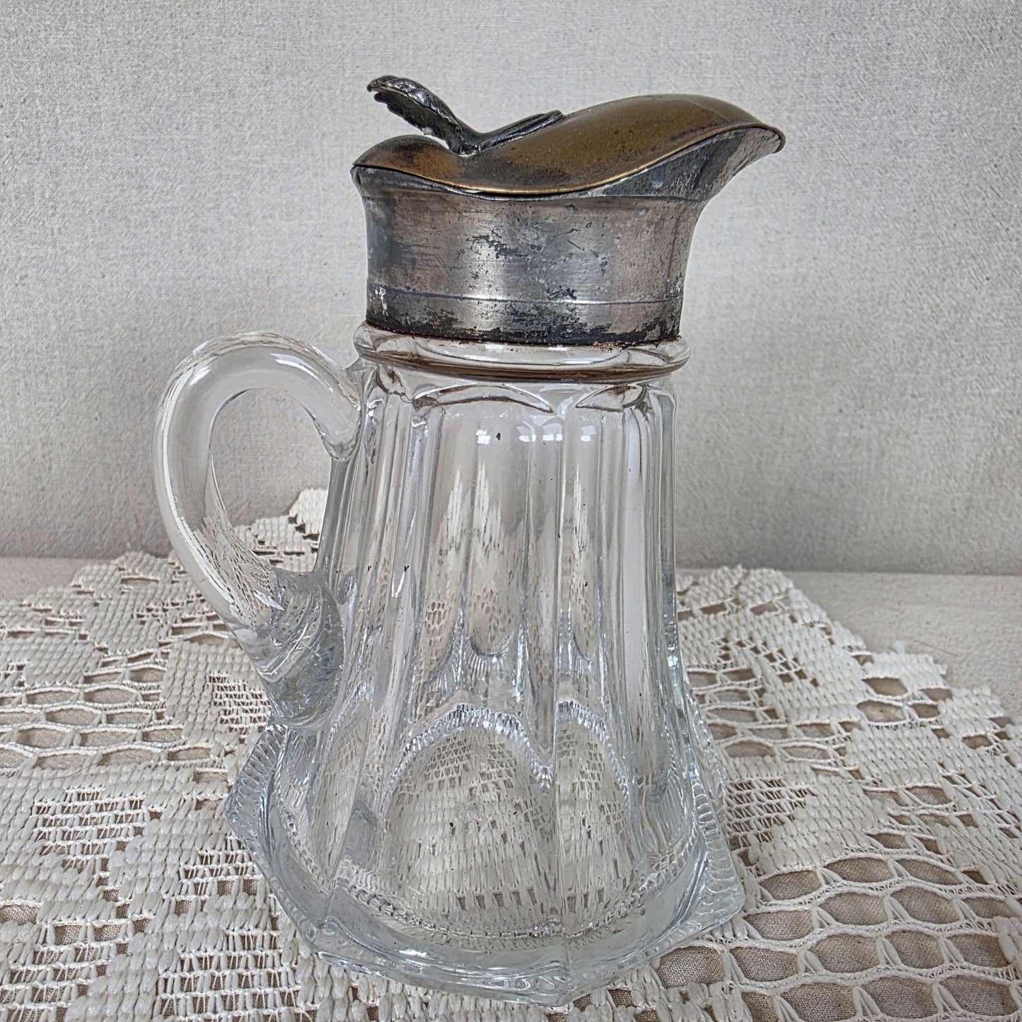 Antique EAPG Glass Syrup Pitcher With Hinged Silver-Tone Lid And Handle Elegant Vintage Design