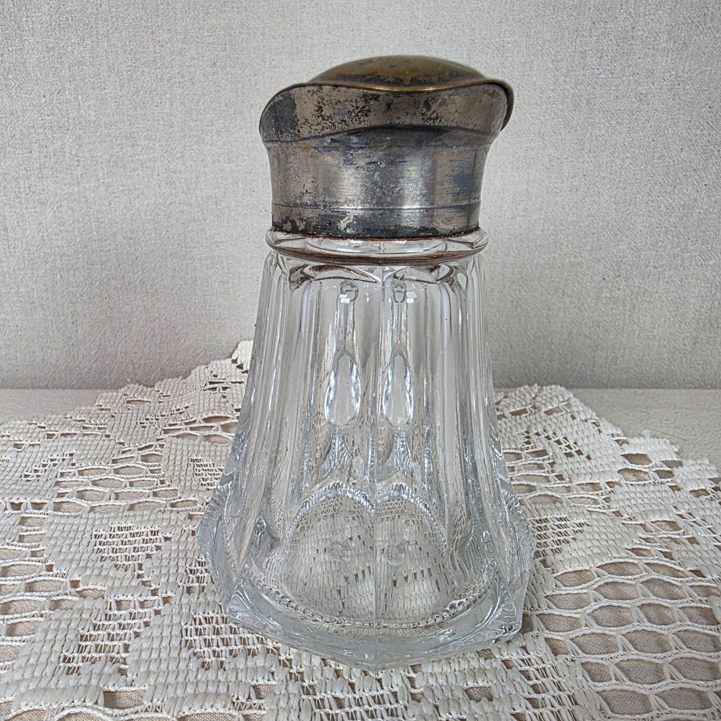 Antique EAPG Glass Syrup Pitcher With Hinged Silver-Tone Lid And Handle Elegant Vintage Design