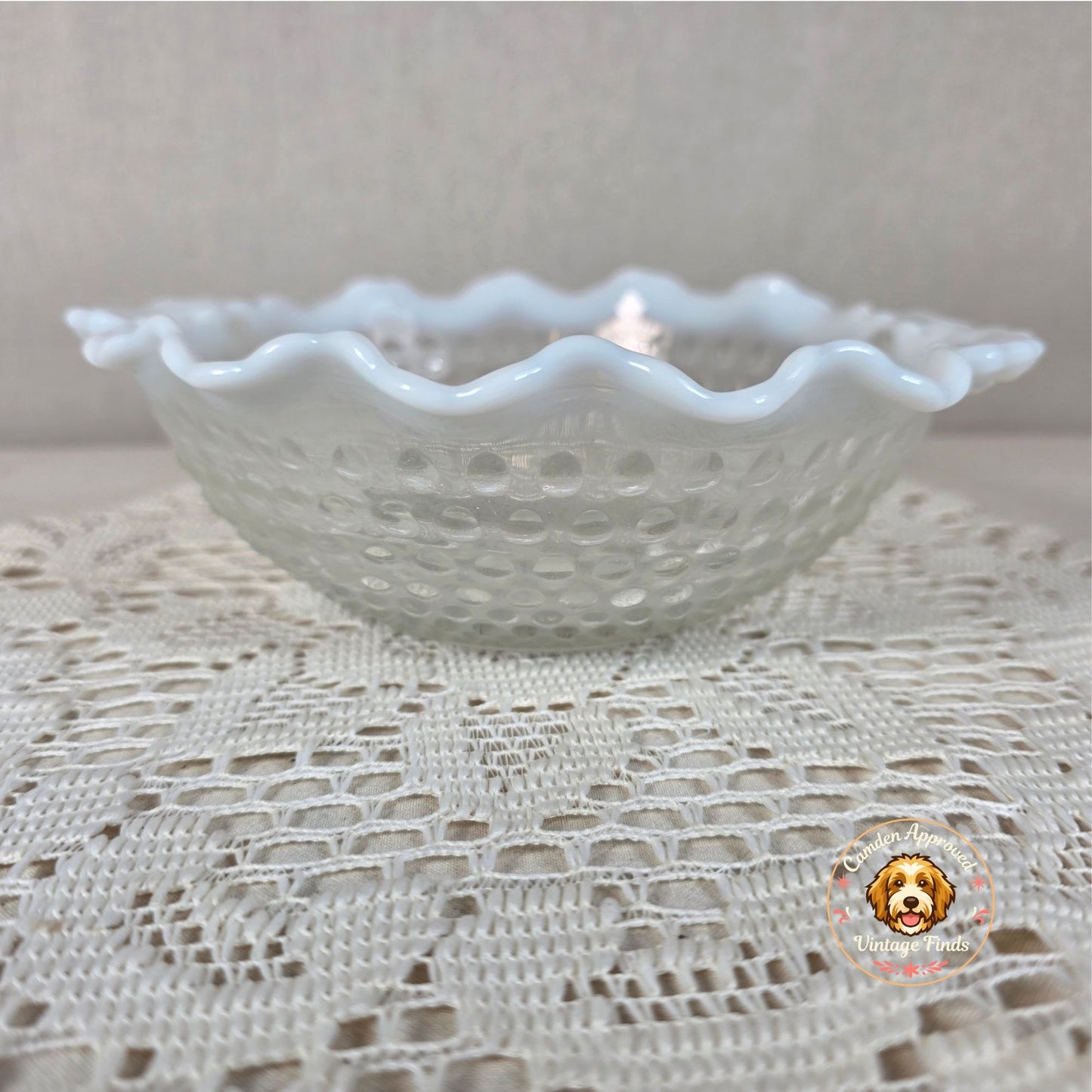 Vintage Moonstone Opalescent Glass Hobnail Candy Dish With Scalloped Edge & Handles
