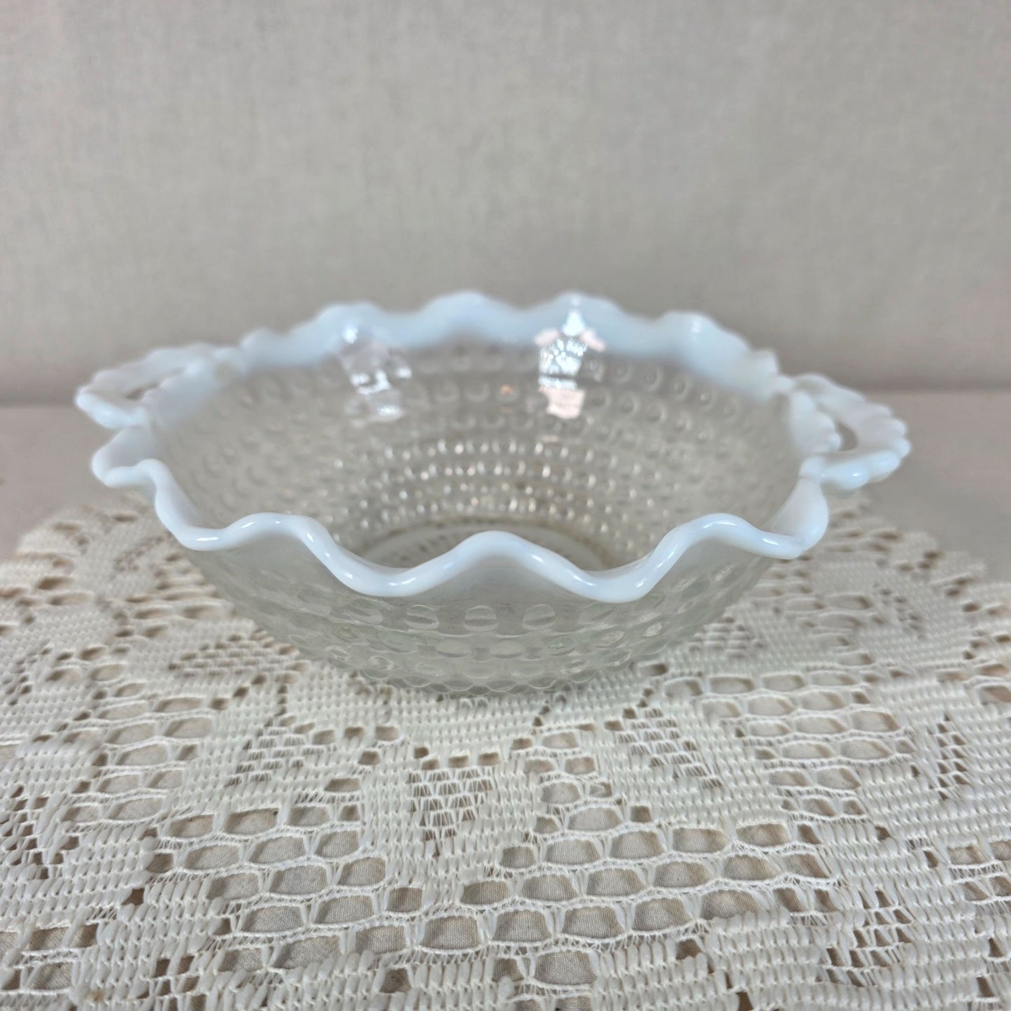 Vintage Moonstone Opalescent Glass Hobnail Candy Dish With Scalloped Edge & Handles