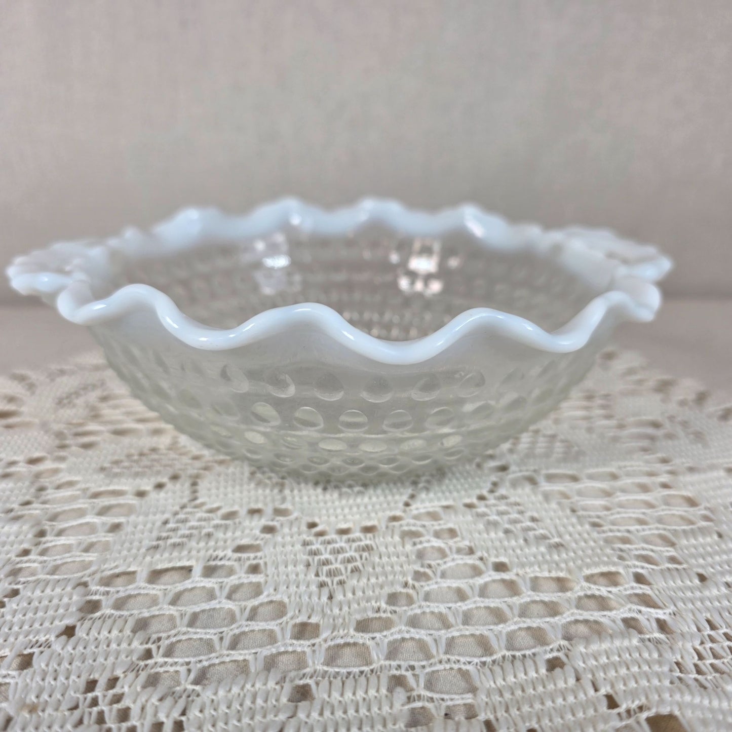 Vintage Moonstone Opalescent Glass Hobnail Candy Dish With Scalloped Edge & Handles