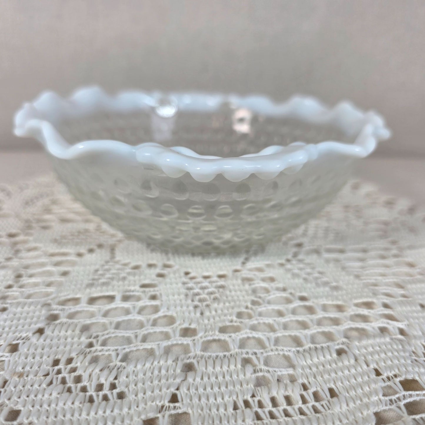Vintage Moonstone Opalescent Glass Hobnail Candy Dish With Scalloped Edge & Handles