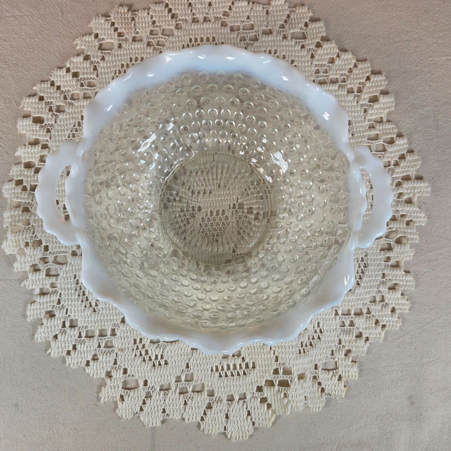 Vintage Moonstone Opalescent Glass Hobnail Candy Dish With Scalloped Edge & Handles