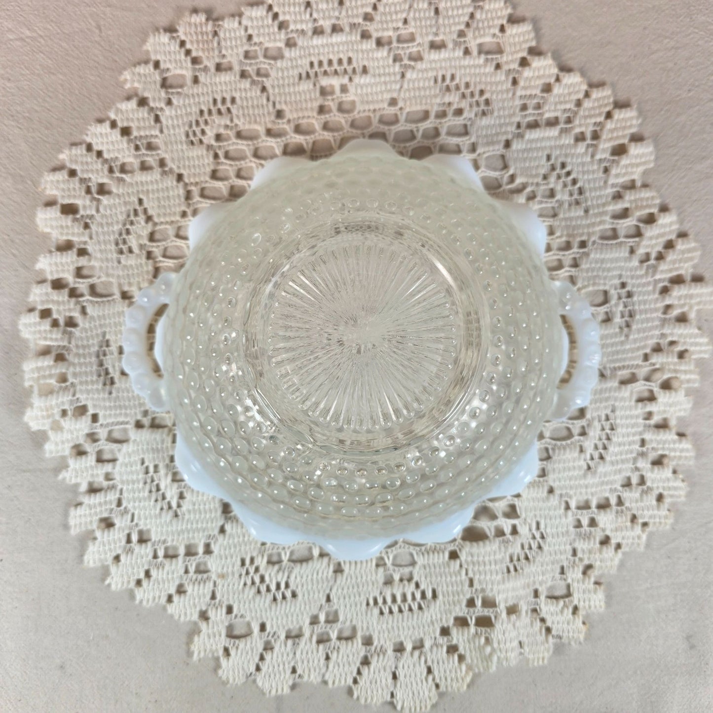 Vintage Moonstone Opalescent Glass Hobnail Candy Dish With Scalloped Edge & Handles