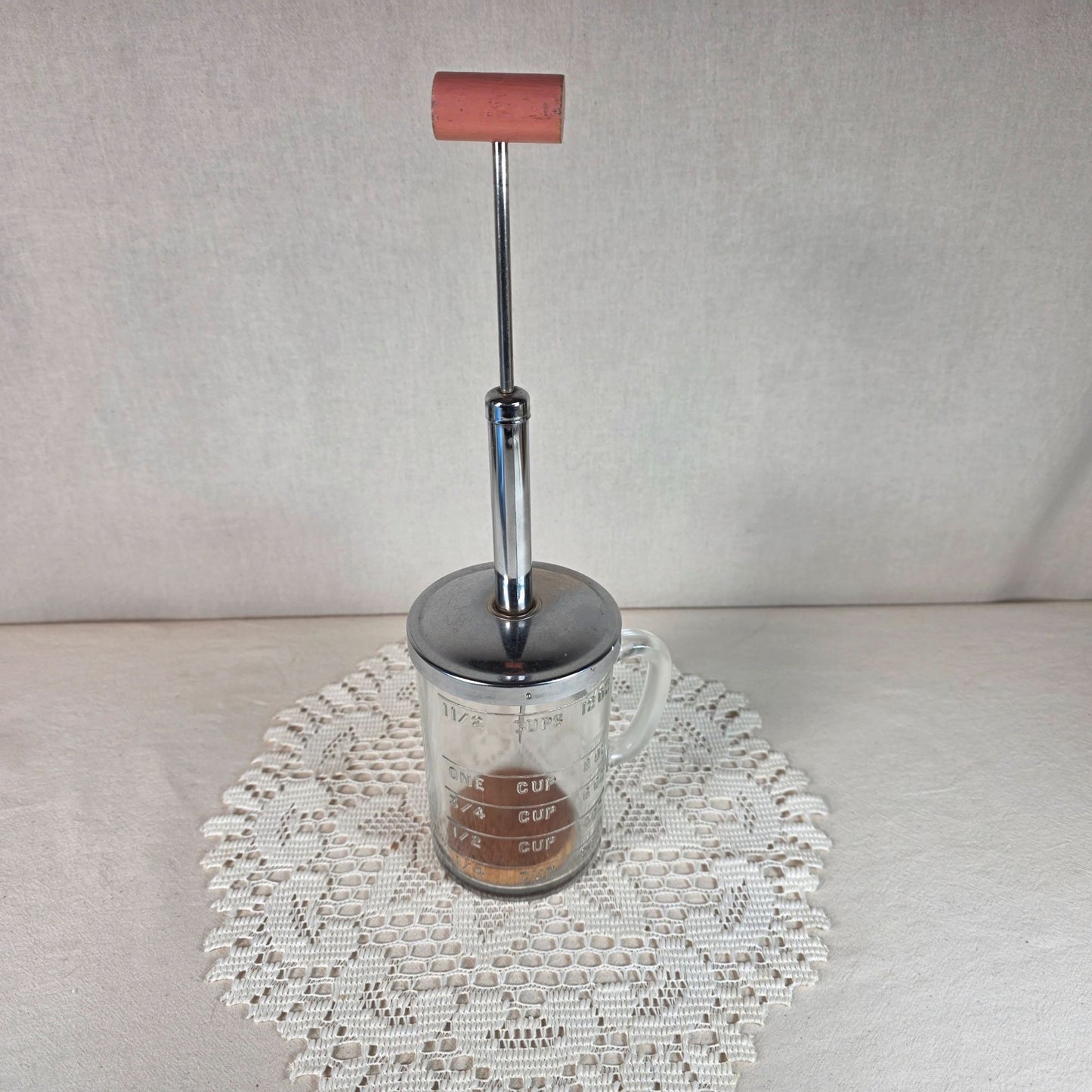 Vintage PAMCO Food Chopper With Glass Measuring Cup Base 1.5 Cup Capacity Metal Plunger & Wooden Handle For Nuts & Vegetables