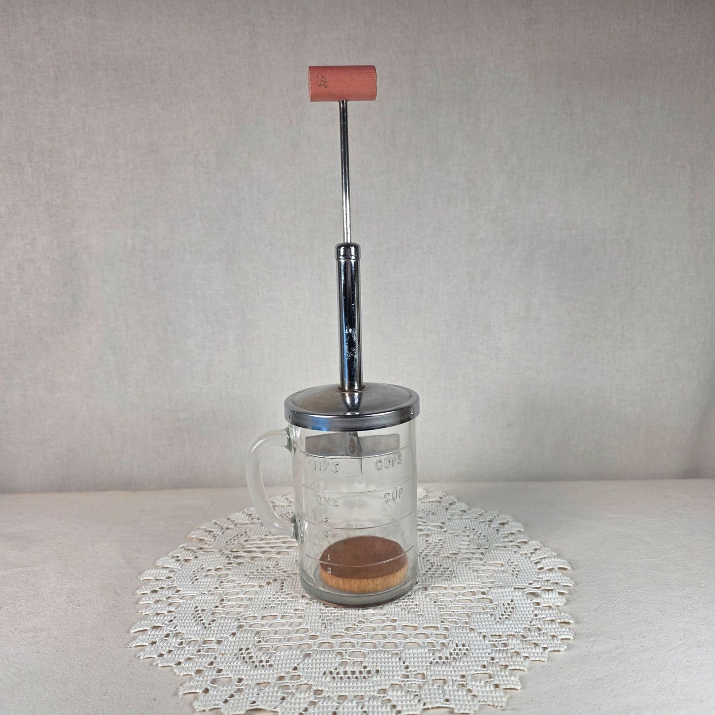 Vintage PAMCO Food Chopper With Glass Measuring Cup Base 1.5 Cup Capacity Metal Plunger & Wooden Handle For Nuts & Vegetables