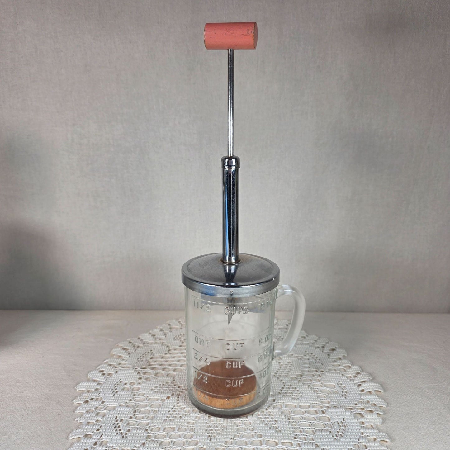 Vintage PAMCO Food Chopper With Glass Measuring Cup Base 1.5 Cup Capacity Metal Plunger & Wooden Handle For Nuts & Vegetables