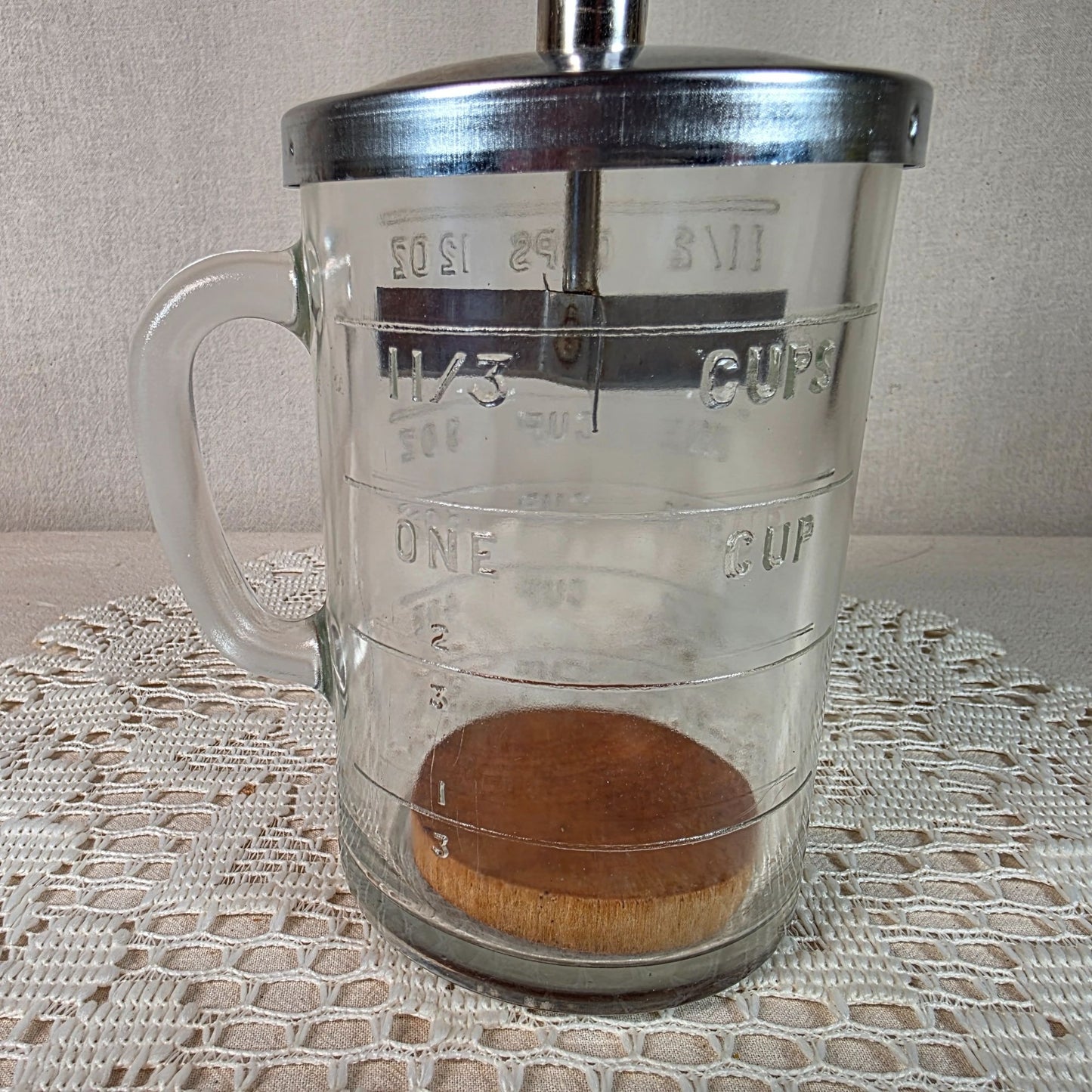 Vintage PAMCO Food Chopper With Glass Measuring Cup Base 1.5 Cup Capacity Metal Plunger & Wooden Handle For Nuts & Vegetables