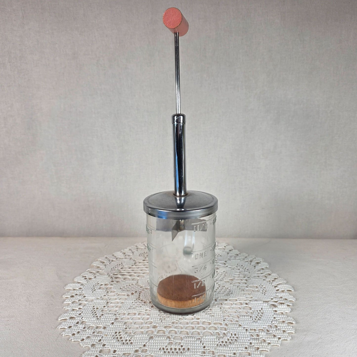 Vintage PAMCO Food Chopper With Glass Measuring Cup Base 1.5 Cup Capacity Metal Plunger & Wooden Handle For Nuts & Vegetables
