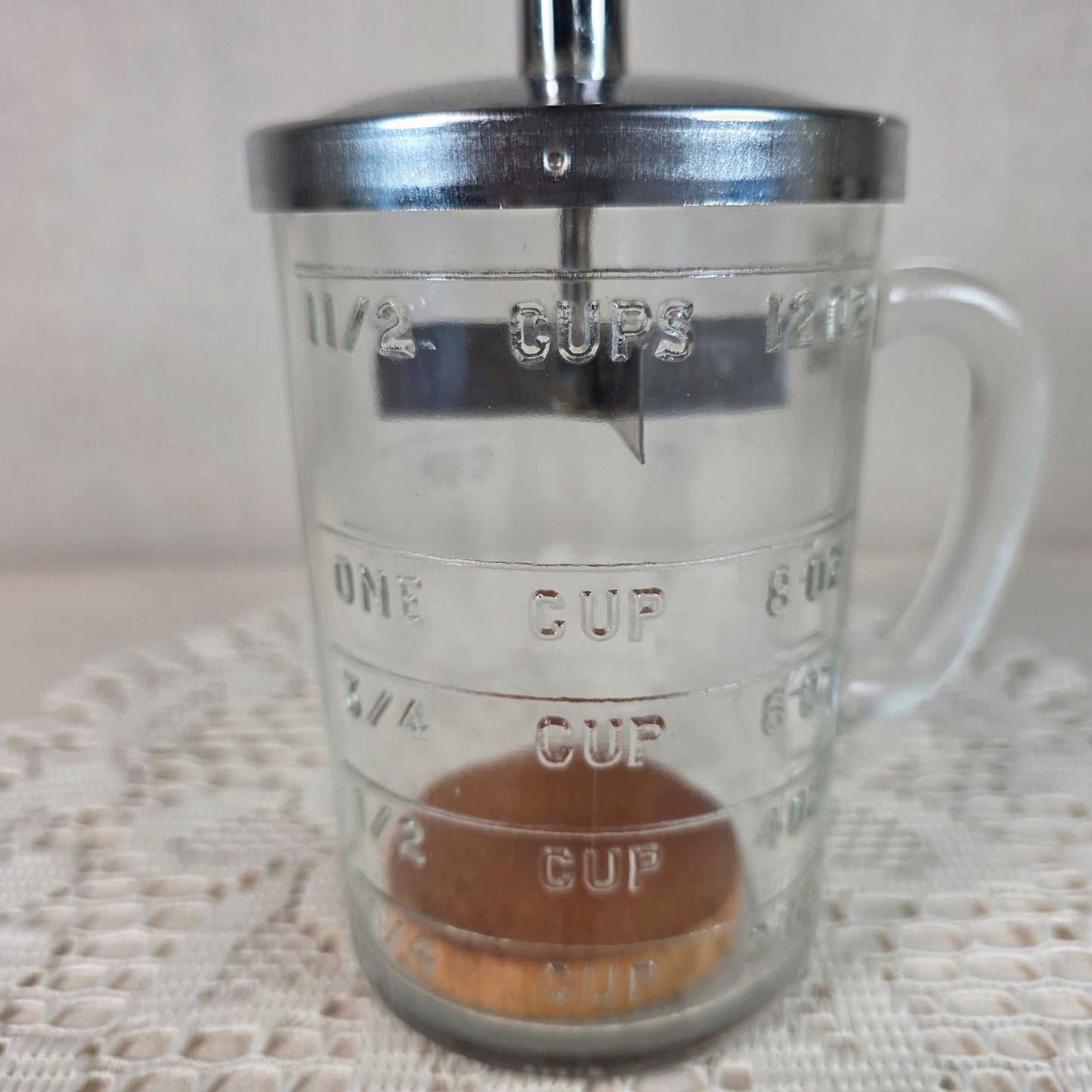 Vintage PAMCO Food Chopper With Glass Measuring Cup Base 1.5 Cup Capacity Metal Plunger & Wooden Handle For Nuts & Vegetables