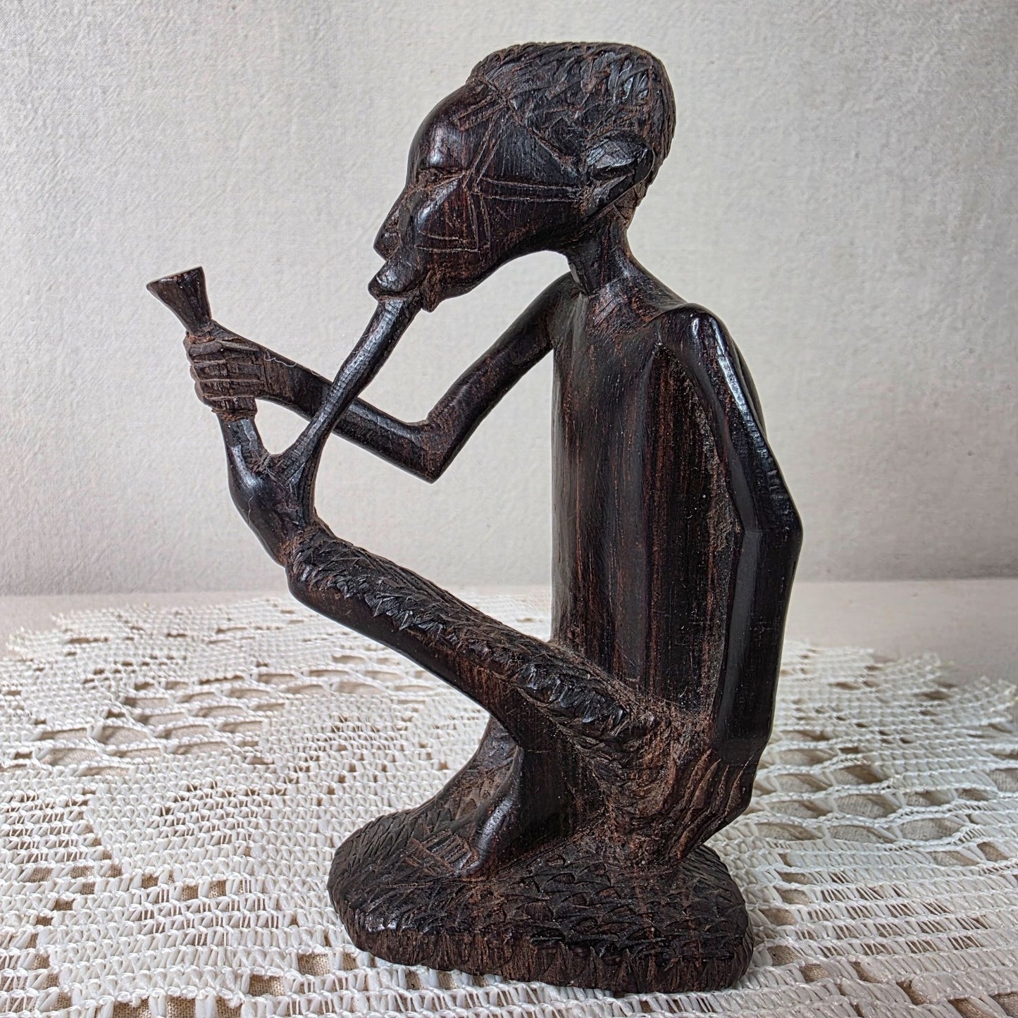 Handcarved African Ebony Wood Pipe Smoker Sculpture Tribal Figurative Art