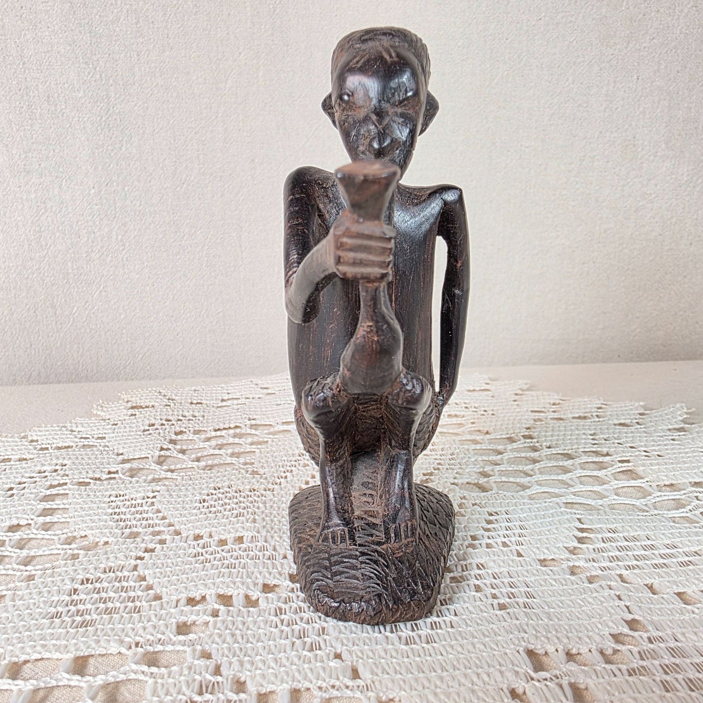 Handcarved African Ebony Wood Pipe Smoker Sculpture Tribal Figurative Art
