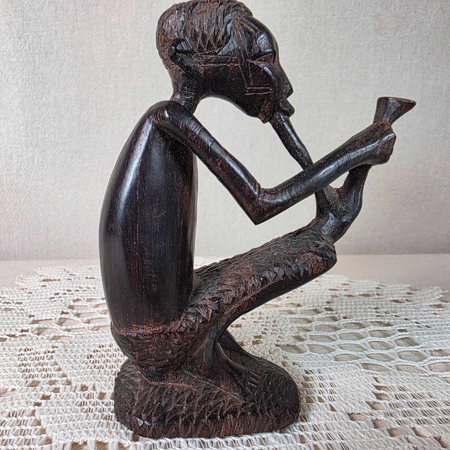 Handcarved African Ebony Wood Pipe Smoker Sculpture Tribal Figurative Art