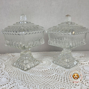 Vintage Clear Glass Pedestal Candy Dish Set of 2 Lidded Compote Pressed Glass Trinket Dish