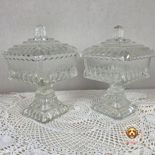 Vintage Clear Glass Pedestal Candy Dish Set of 2 Lidded Compote Pressed Glass Trinket Dish