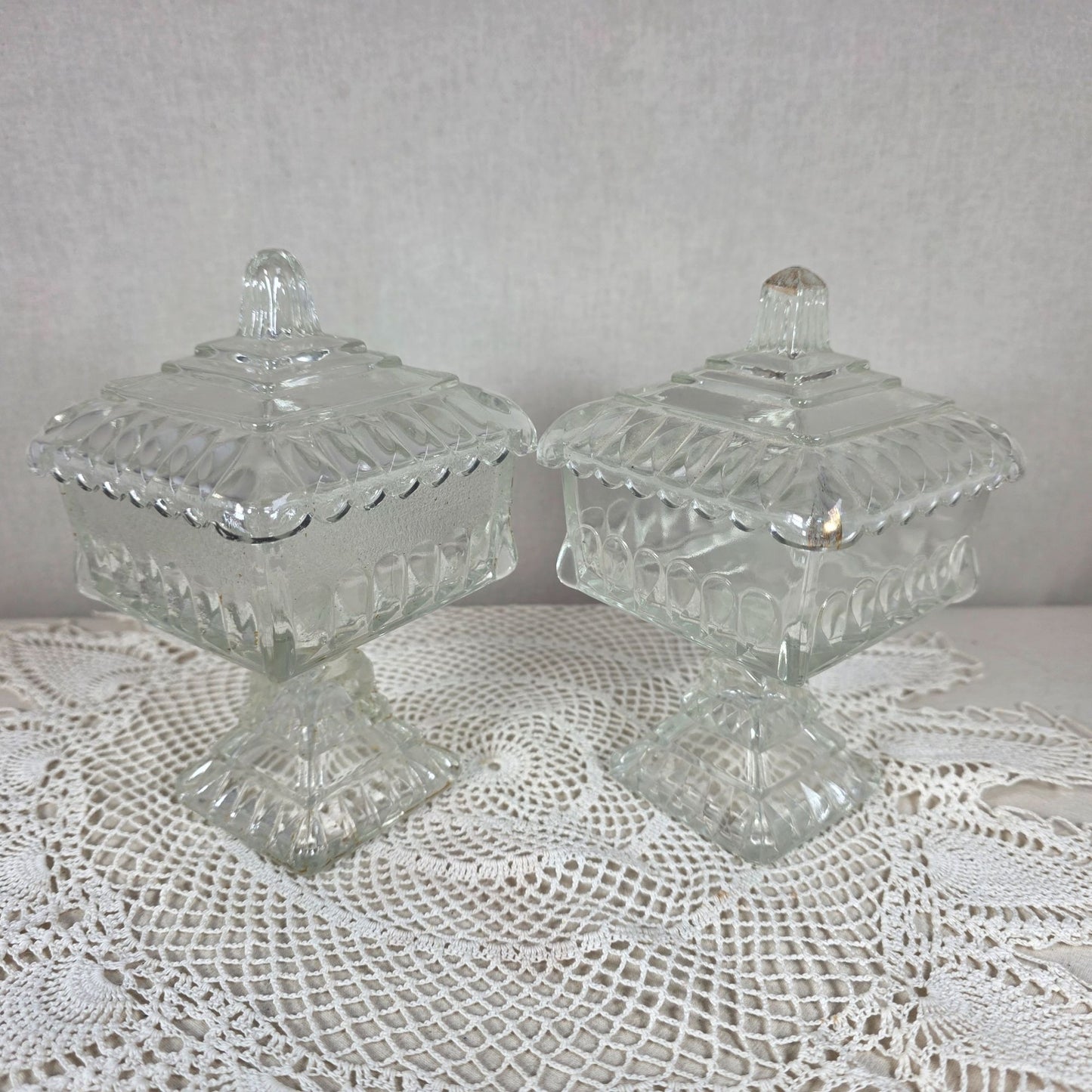 Vintage Clear Glass Pedestal Candy Dish Set of 2 Lidded Compote Pressed Glass Trinket Dish