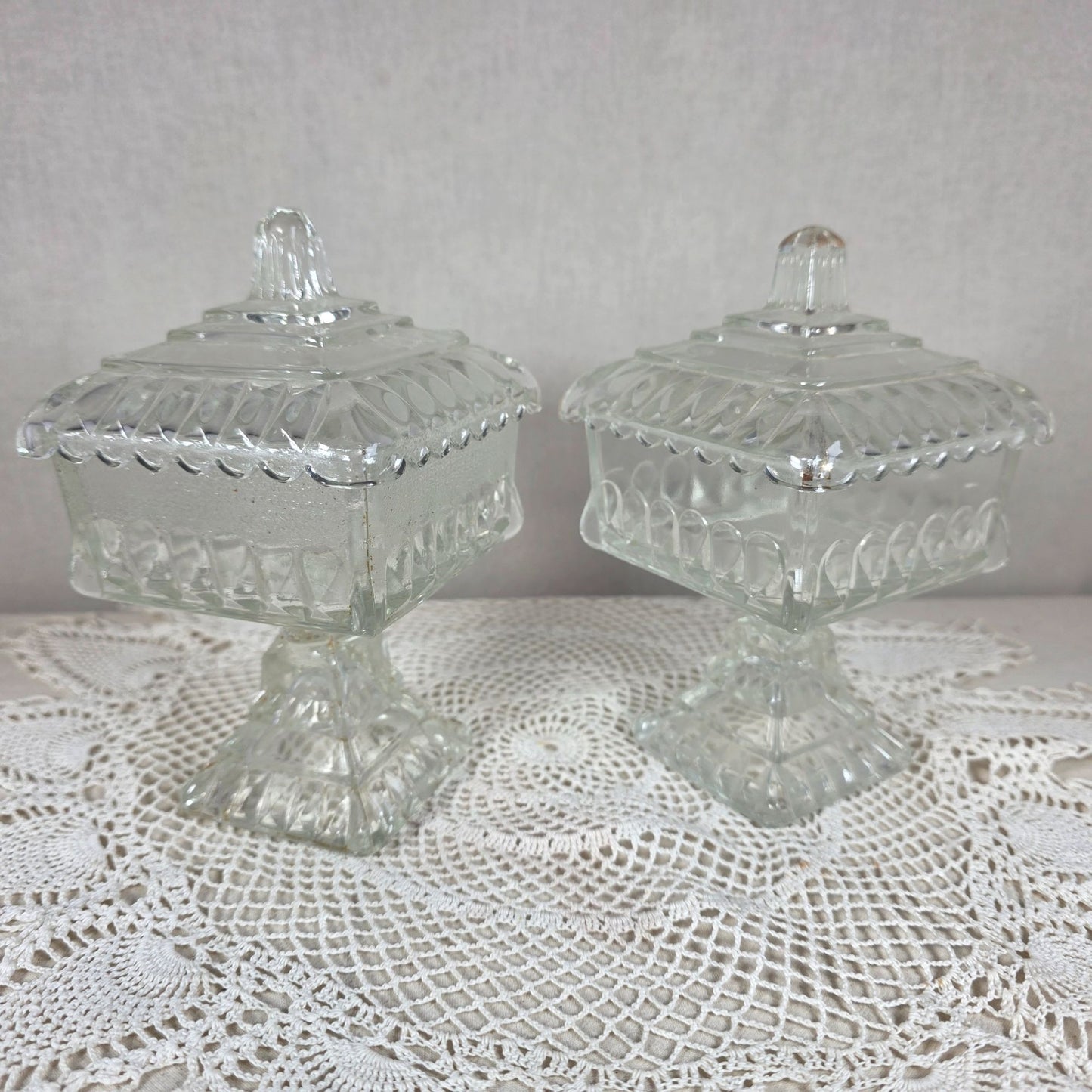 Vintage Clear Glass Pedestal Candy Dish Set of 2 Lidded Compote Pressed Glass Trinket Dish