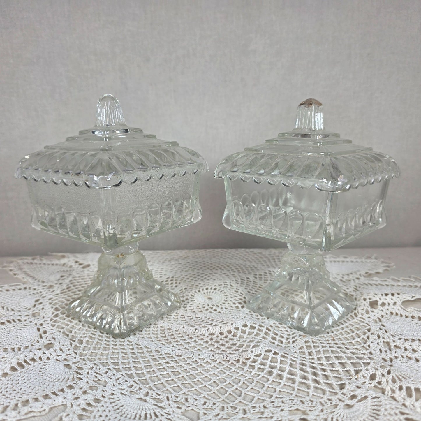 Vintage Clear Glass Pedestal Candy Dish Set of 2 Lidded Compote Pressed Glass Trinket Dish
