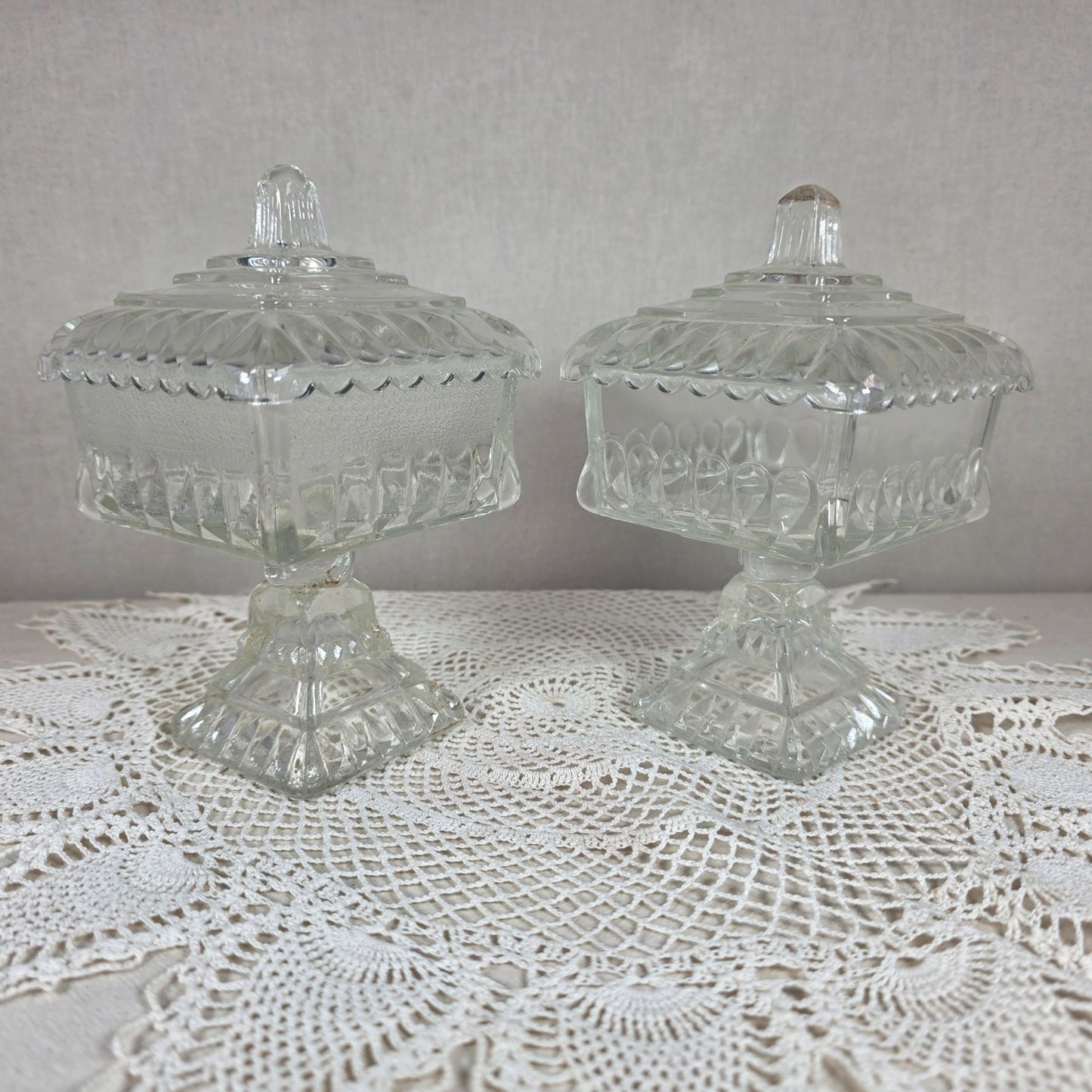 Vintage Clear Glass Pedestal Candy Dish Set of 2 Lidded Compote Pressed Glass Trinket Dish